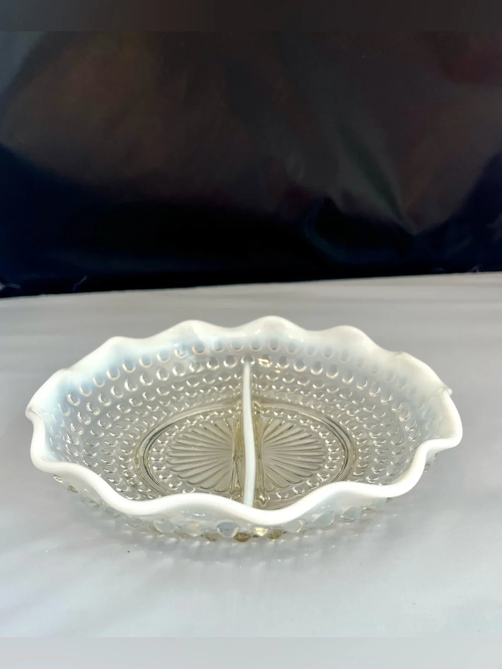Vintage Anchor Hocking Moonstone Opalescent Hobnail Divided Dish Ruffled Edge
